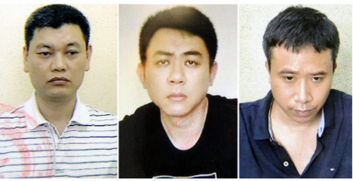 Từ trái qua: Bị can Nguyễn Anh Ngọc; bị can Nguyễn Hoàng Trung; bị can Phạm Quang Dũng.