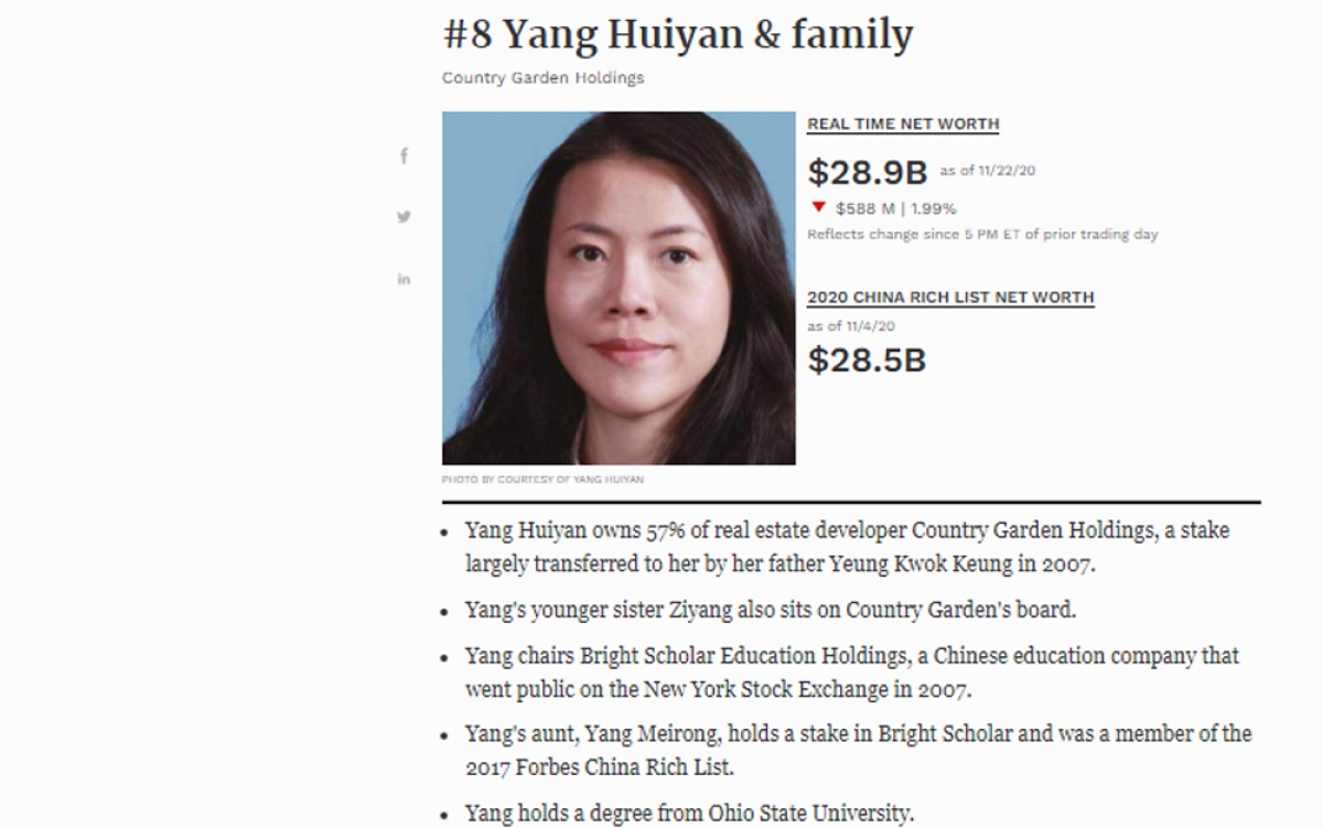 Bà Yang Huiyan đang lãnh đạo tập đoàn bất động sản Country Garden Holdings nổi tiếng của Trung Quốc.