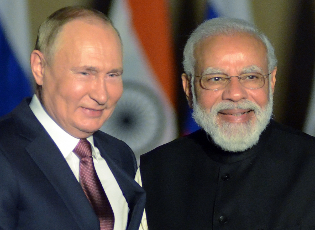 Thủ tướng Ấn Độ Narendra Modi và Tổng thống Nga Vladimir Putin tại cuộc gặp Thượng đỉnh song phương ở New Delhi tháng 12/2021 (ANI)
