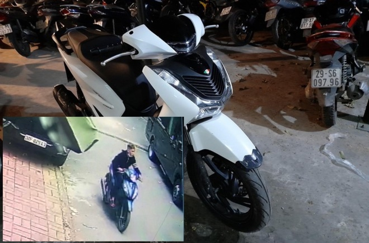 Hình ảnh đối tượng Hà Anh Quân và chiếc xe SH tang vật.