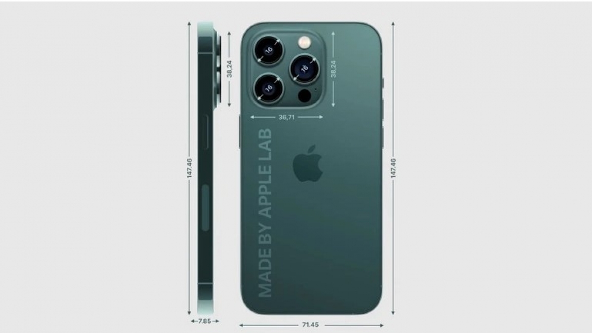 Hình ảnh bản dựng cho thấy kích cỡ iPhone 14 Pro tăng hơn so với iPhone 13 Pro (Ảnh: Apple Lab).