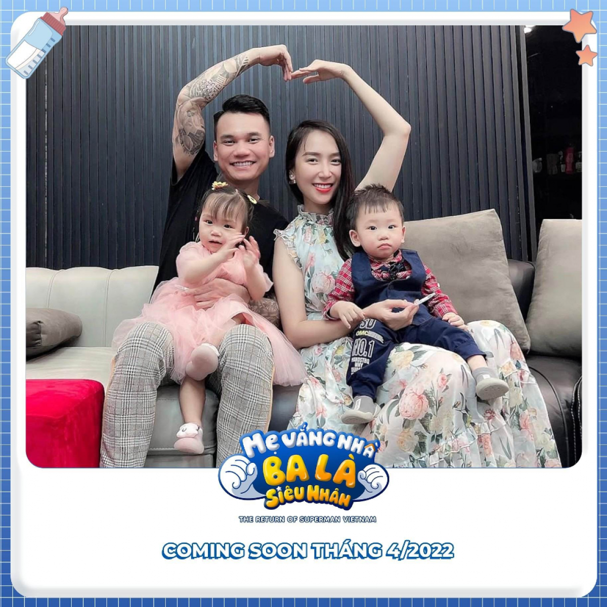 Ca sĩ Khắc Việt cùng bà xã và 2 bé sinh đôi.