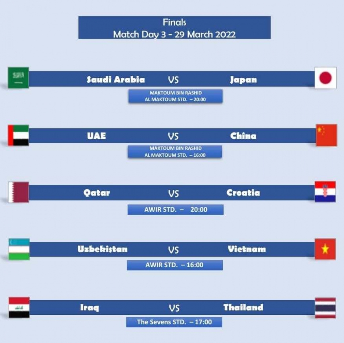 Lịch thi đấu vòng 3 Dubai Cup 2022 (giờ địa phương).