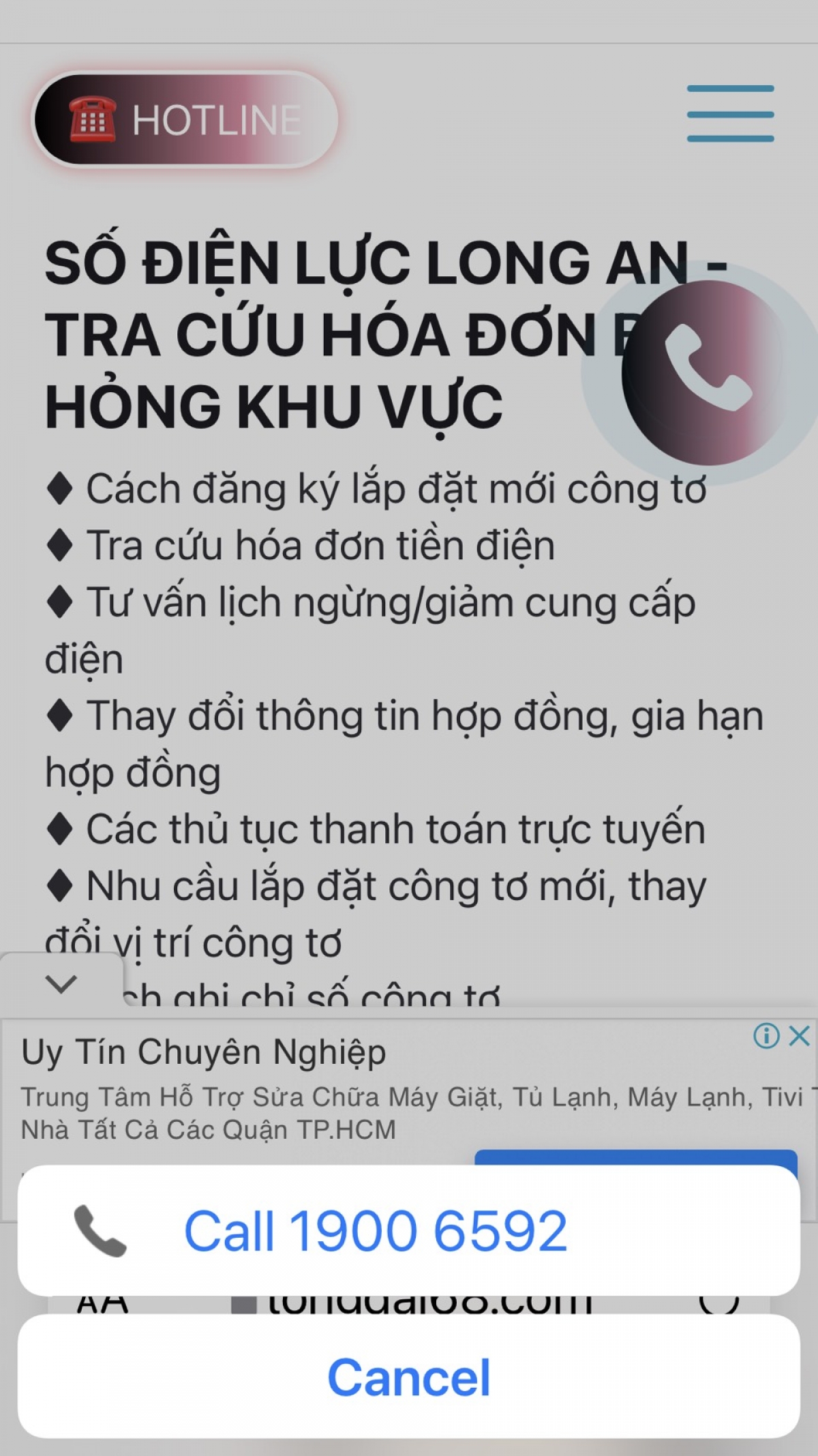 Website mạo danh Tổng đài Điện lực Long An kèm giới thiệu số Tổng đài giả mạo để trục lợi phí cước khi khách hàng gọi đến