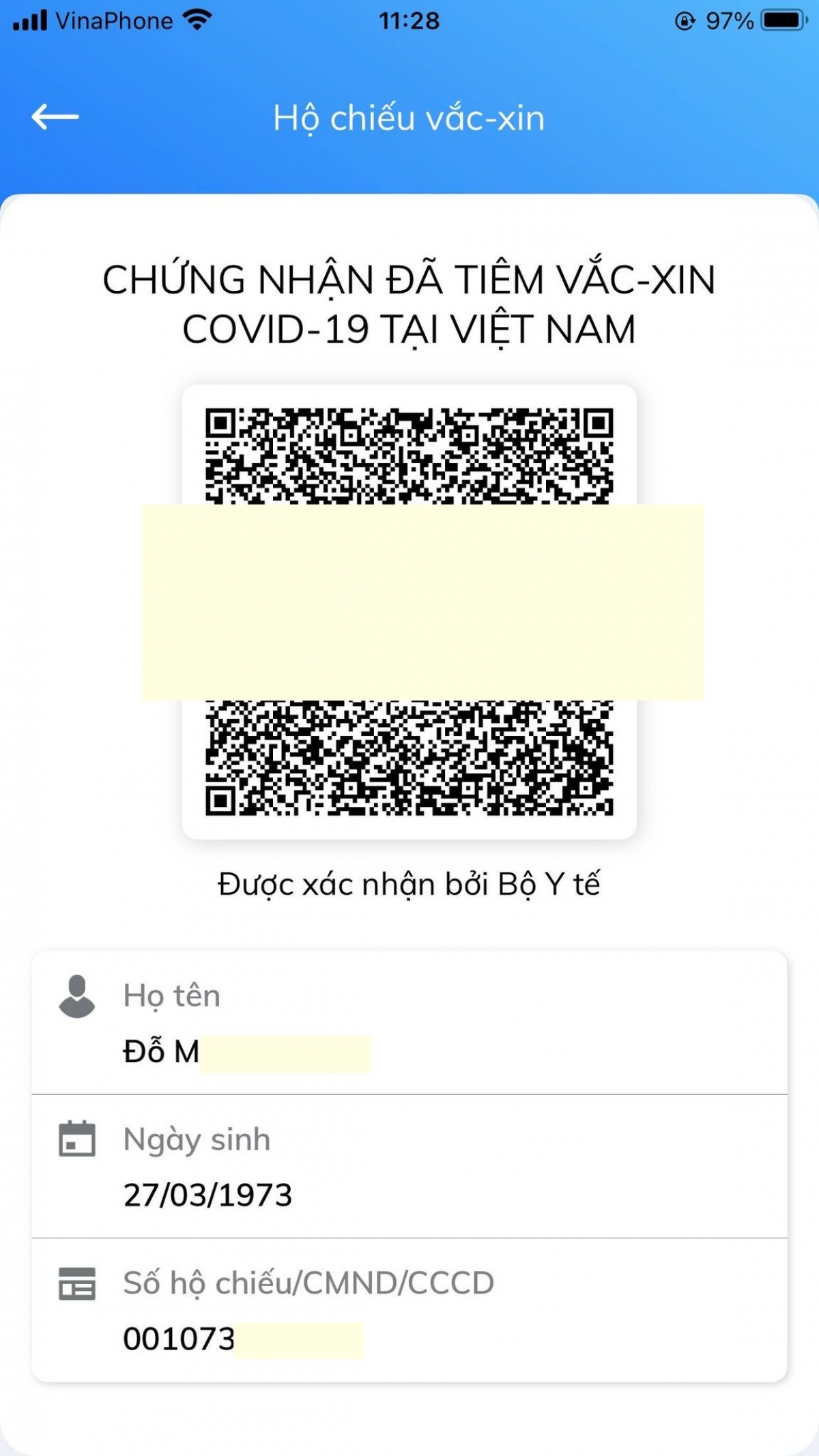 Hộ chiếu vaccine trên ứng dụng Sổ Sức khỏe điện tử.