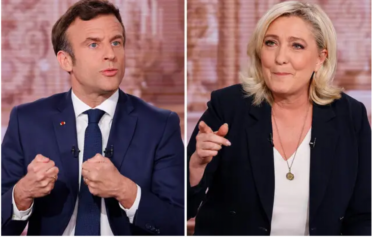 Hai ứng cử viên Tổng thống Emmanuel Macron (bên trái) và Marine Le Pen tham gia Chương trình “Mười phút để thuyết phục”. Ảnh: AFP