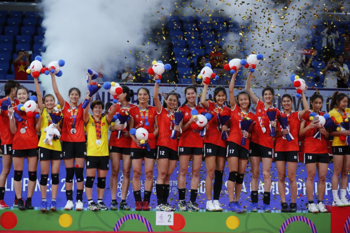 Bóng chuyền nữ Việt Nam đã giành HCB tại SEA Games 30. (Ảnh: VFV)