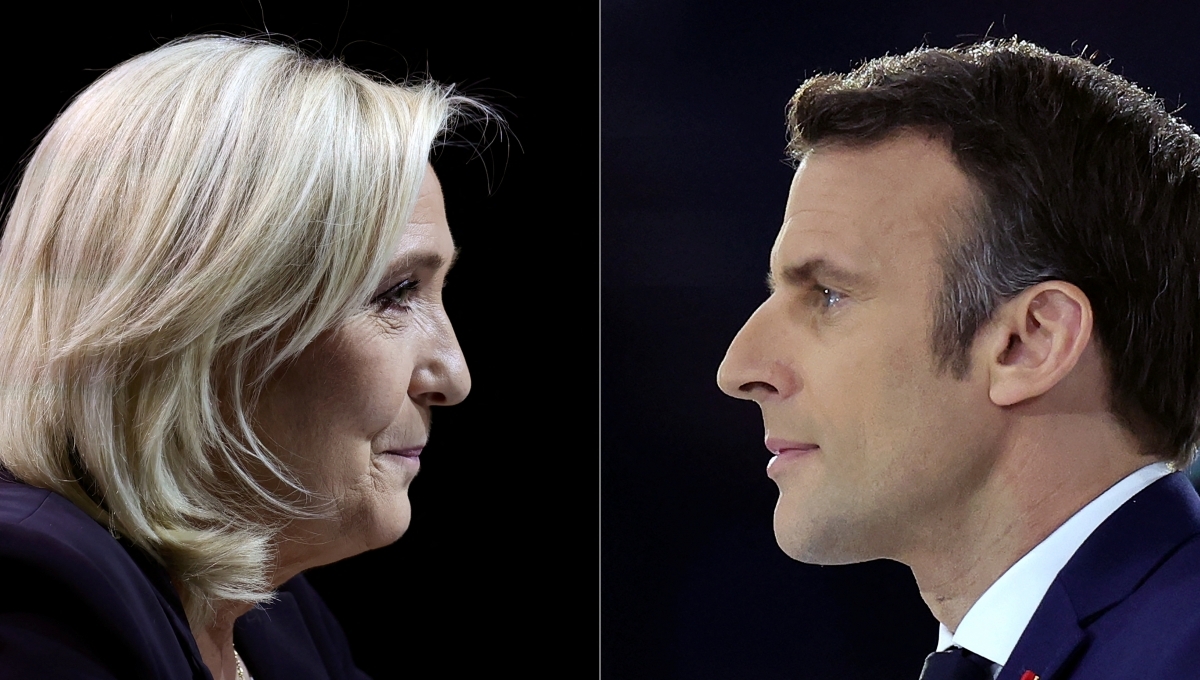 Cuộc đua giữa hai ứng cử viên hàng đầu là Tổng thống đương nhiệm Emmanuel Macron thuộc đảng Nền Cộng hòa tiến bước và bà Marine Le Pen thuộc đảng Tập hợp quốc gia. Ảnh: Reuters