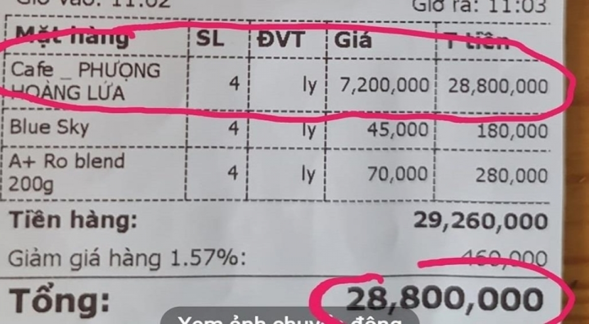 Hóa đơn có ly cà phê giá 7,2 triệu đồng mà ông Huy tự đăng tải.