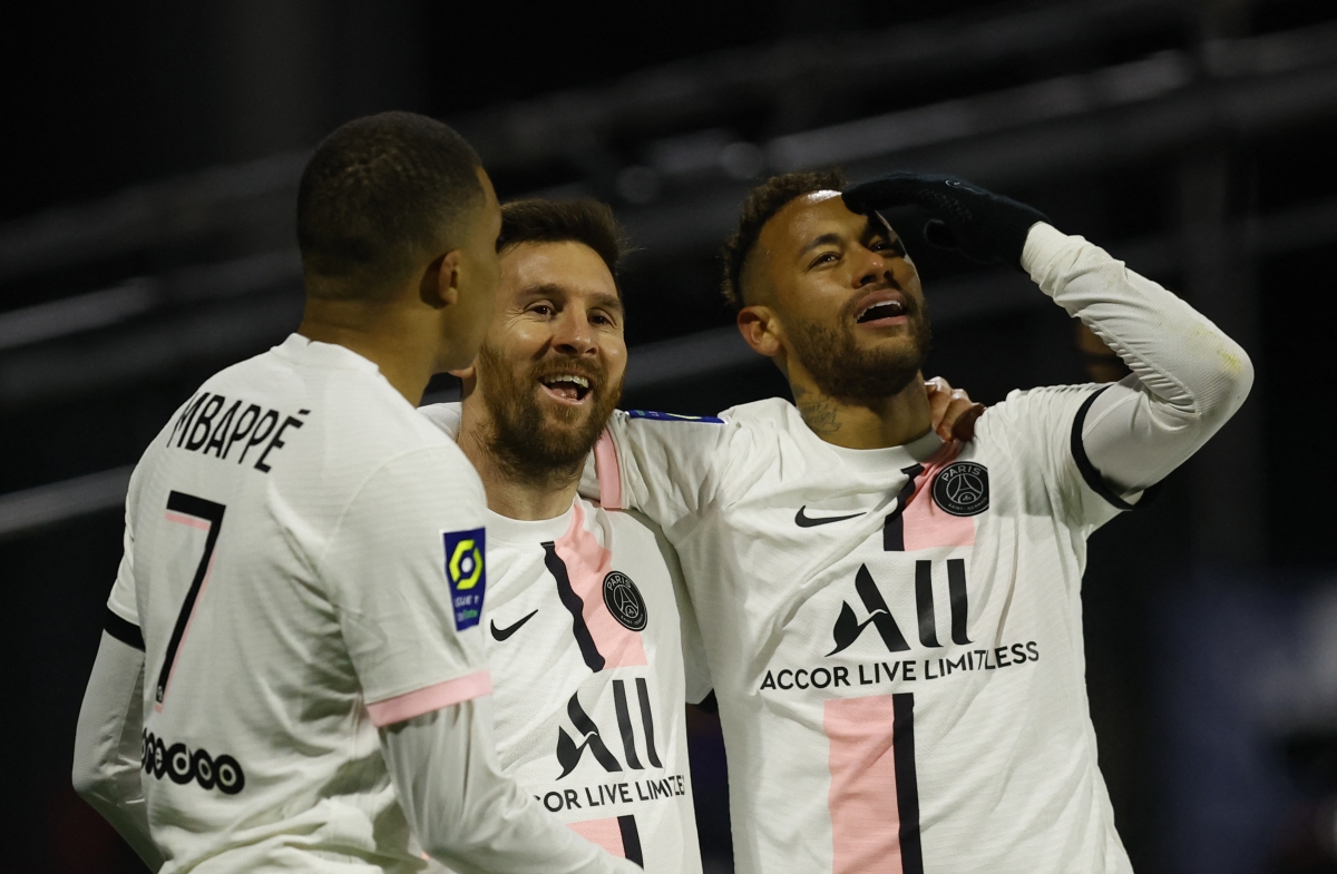 Bộ 3 Neymar, Mbappe và Messi tiếp tục thăng hoa để đem về trận thắng đậm cho PSG. (Ảnh: Reuters).