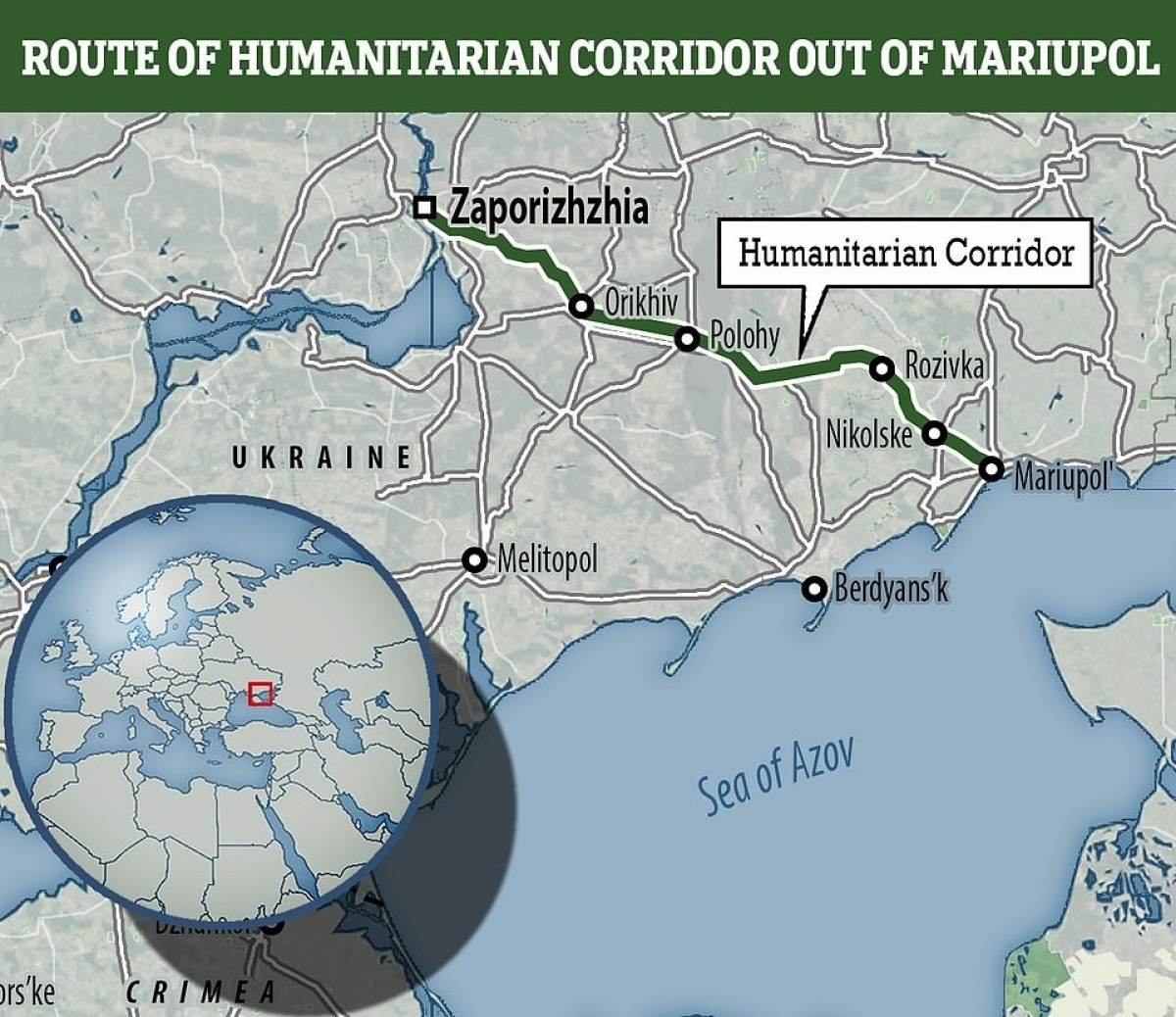 Bản đồ về hành lang nhân đạo tại Mariupol, Ukraine. (Nguồn: DailyMail)