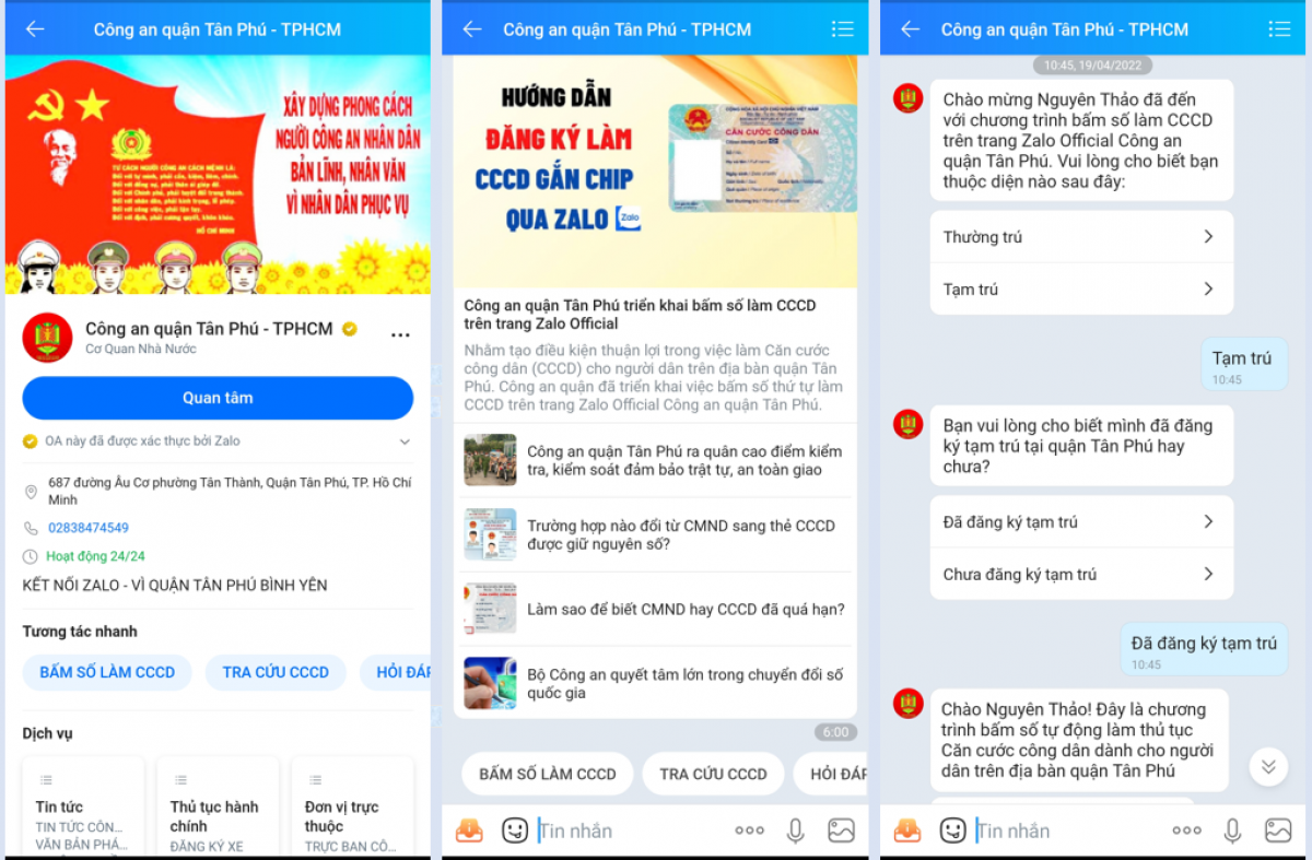 Chatbot được tích hợp trên Zalo tương tác trực tiếp với người dân để cung cấp thông tin về CCCD. (Ảnh chụp màn hình)