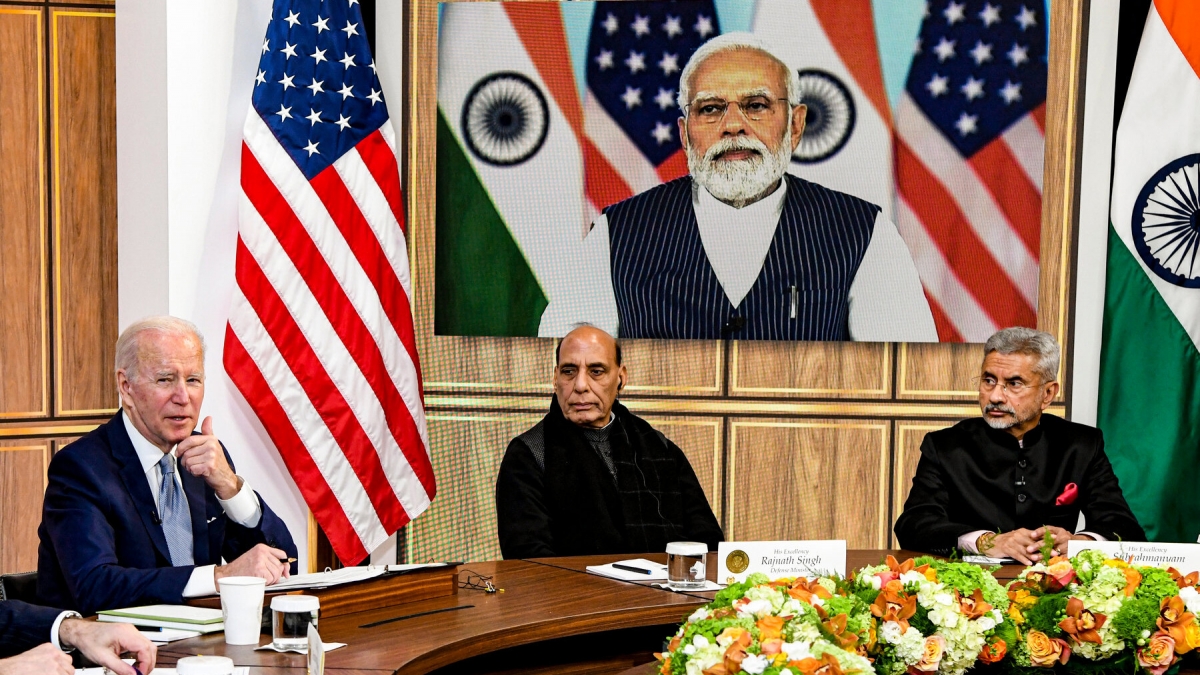 Cuộc hội đàm trực tuyến giữa Thủ tướng Ấn Độ Narendra Modi và Tổng thống Mỹ Joe Biden. Ảnh: New York Times