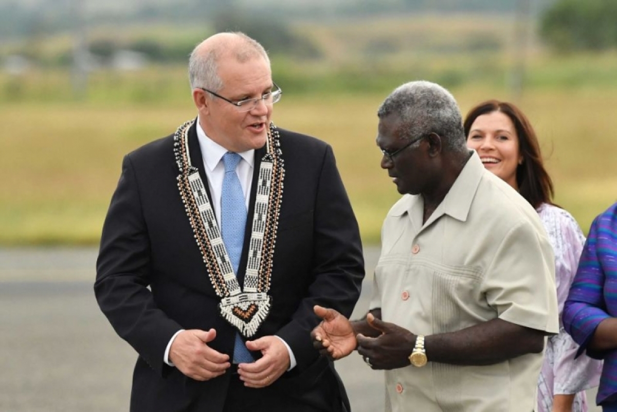 Thủ tướng Australia Scott Morrison (trái) và Thủ tướng Quần đảo Solomon Manasseh Sogavare. Ảnh: ABC