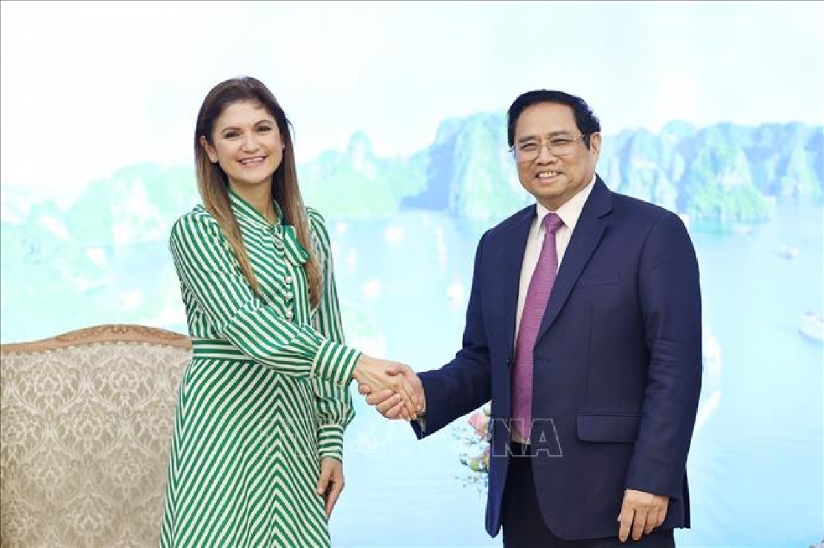 Thủ tướng Phạm Minh Chính tiếp Bộ trưởng Ngoại giao Panama Érika Mouynes. Ảnh: Dương Giang/TTXVN