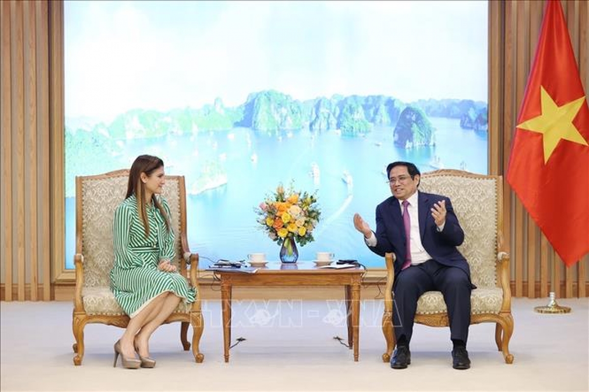 Thủ tướng Phạm Minh Chính tiếp Bộ trưởng Ngoại giao Panama Érika Mouynes. Ảnh: Dương Giang/TTXVN