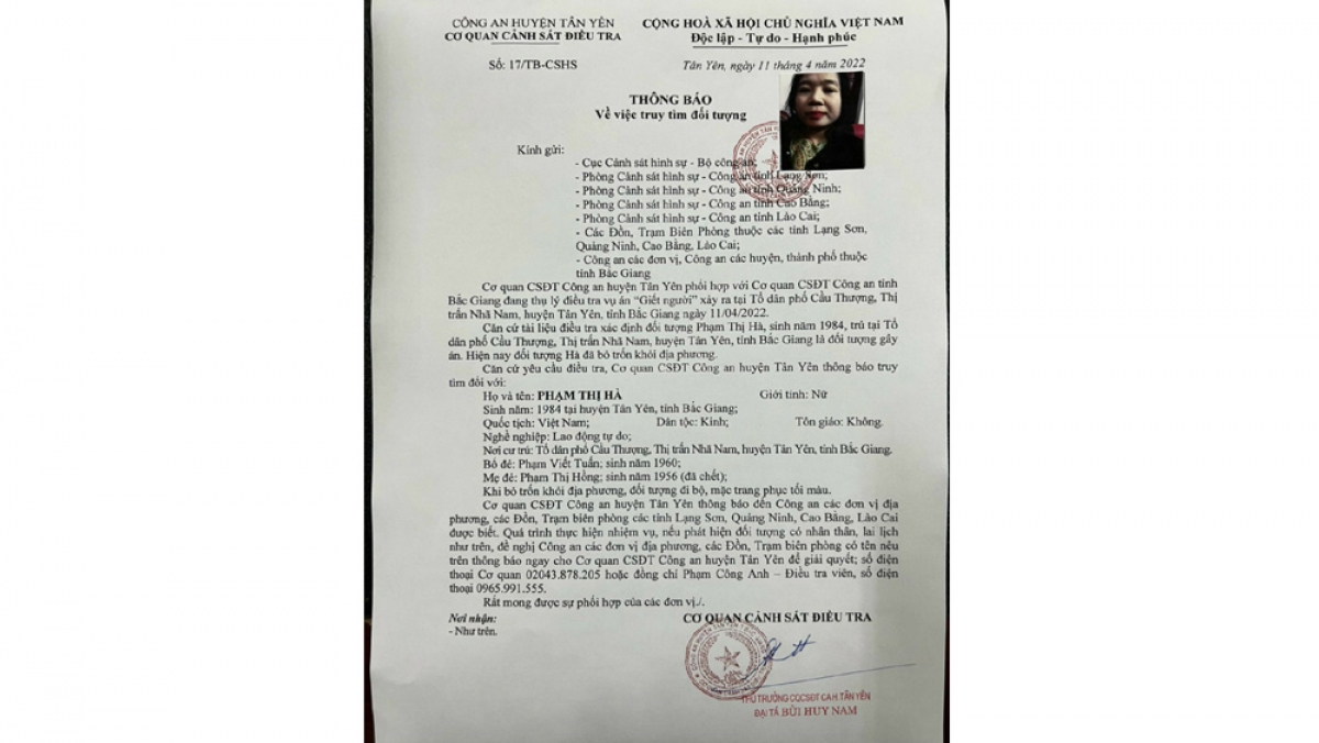 Thông báo truy tìm đối tượng Phạm Thị Hà.