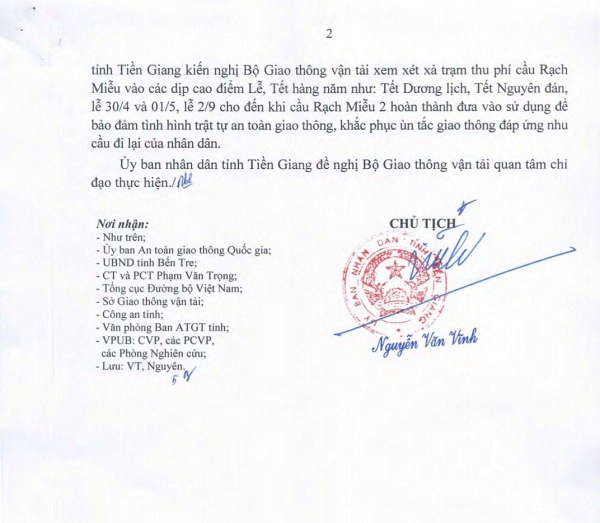 Văn bản của UBND tỉnh Tiền Giang kiến nghị Bộ GTVT xả trạm BOT cầu Rạch Miễu vào các ngày cao điểm, lễ, tết