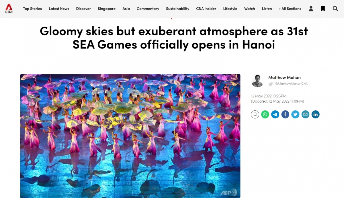 Kênh CNA của Singapore ấn tượng khi Lễ khai mạc SEA Games 31 đã diễn ra đầy nhiệt huyết dù thời tiết không thuận lợi.