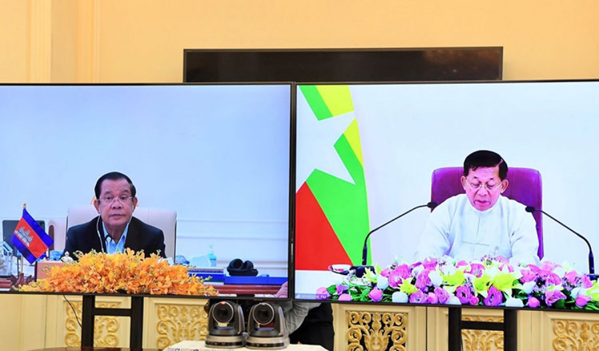 Thủ tướng Campuchia Hun Sen và Thống tướng Min Aung Hlaing, Chủ tịch Hội đồng Hành chính Nhà nước Myanmar (nguồn Khmer Times)