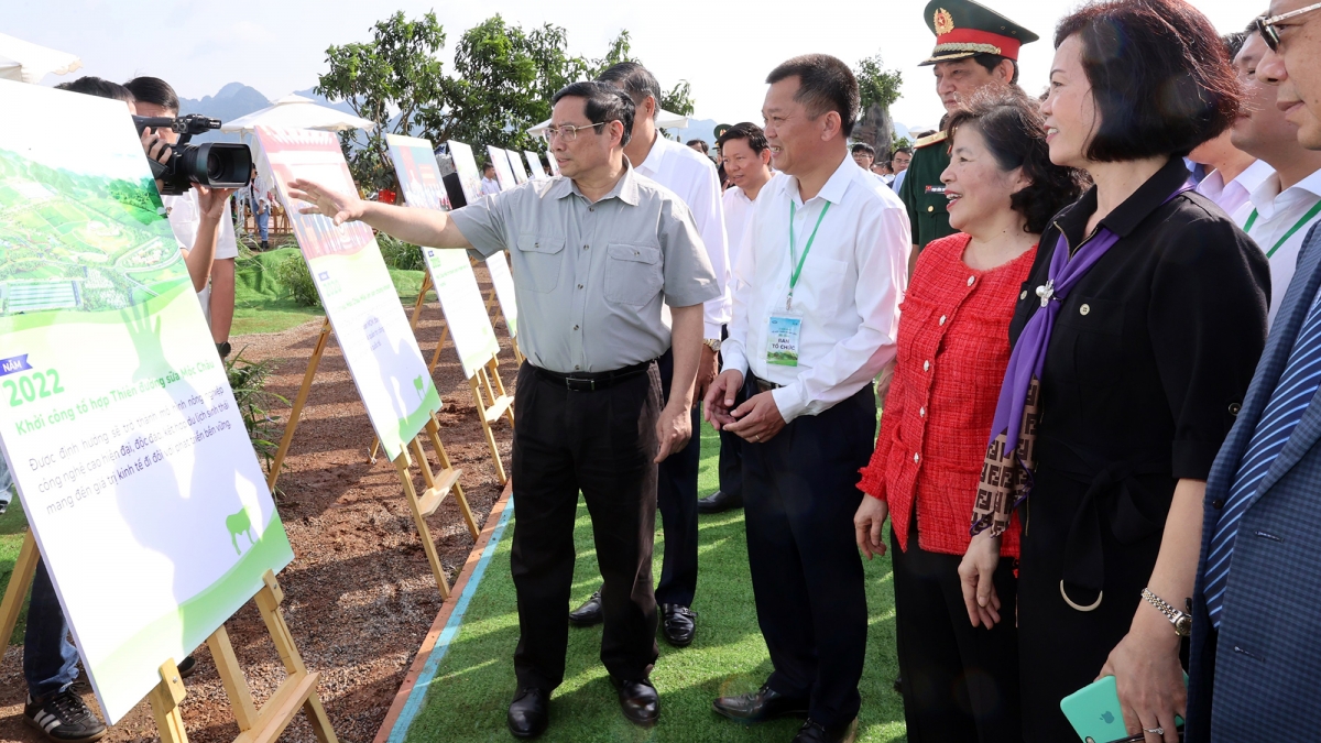 Thủ tướng Chính phủ Phạm Minh Chính và đoàn công tác nghe giới thiệu về tổ hợp dự án có vốn đầu tư lên đến hơn 3.000 tỷ của Vinamilk và Mộc Châu Milk.