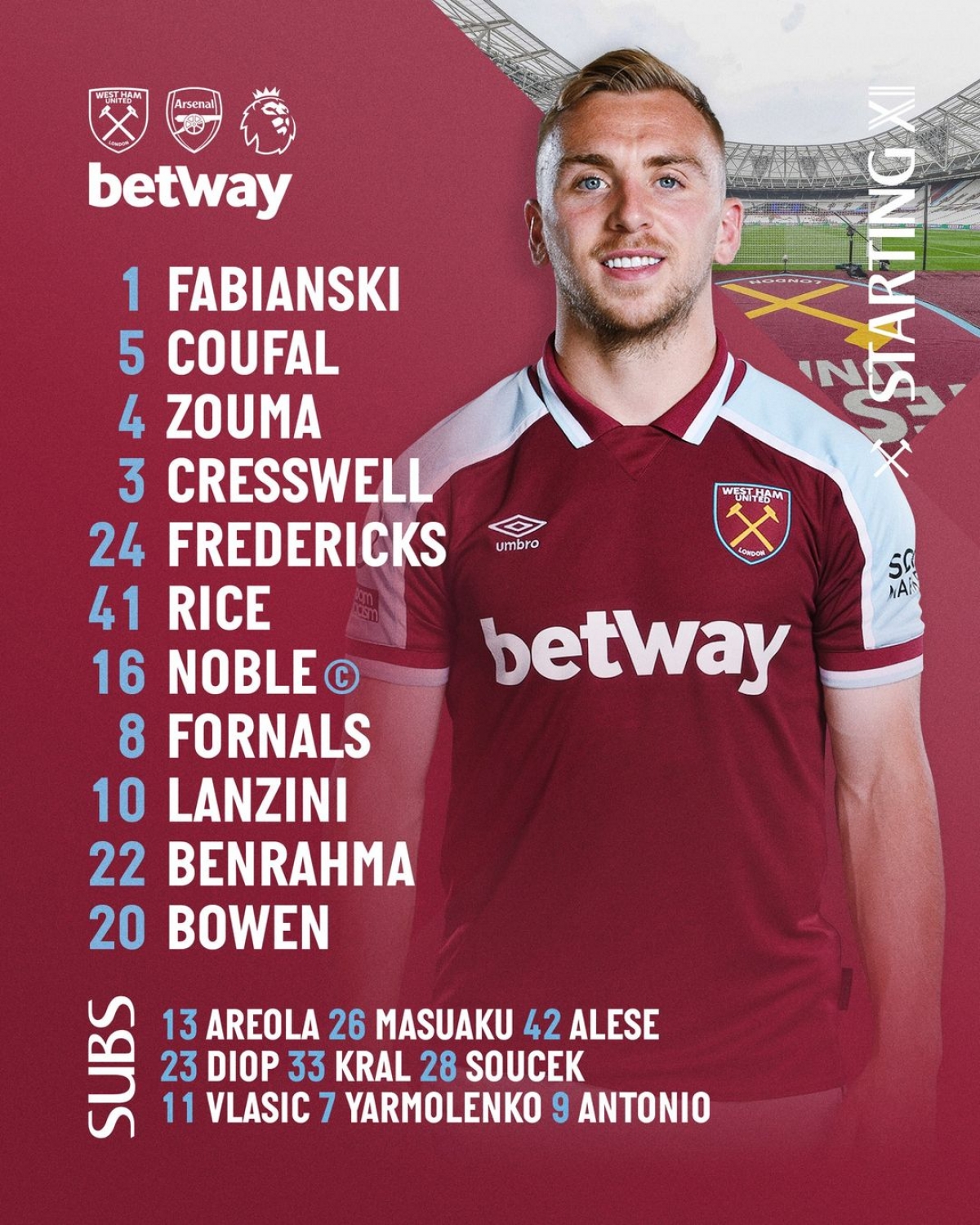 Đội hình xuất phát của West Ham. (Ảnh: WHFC)