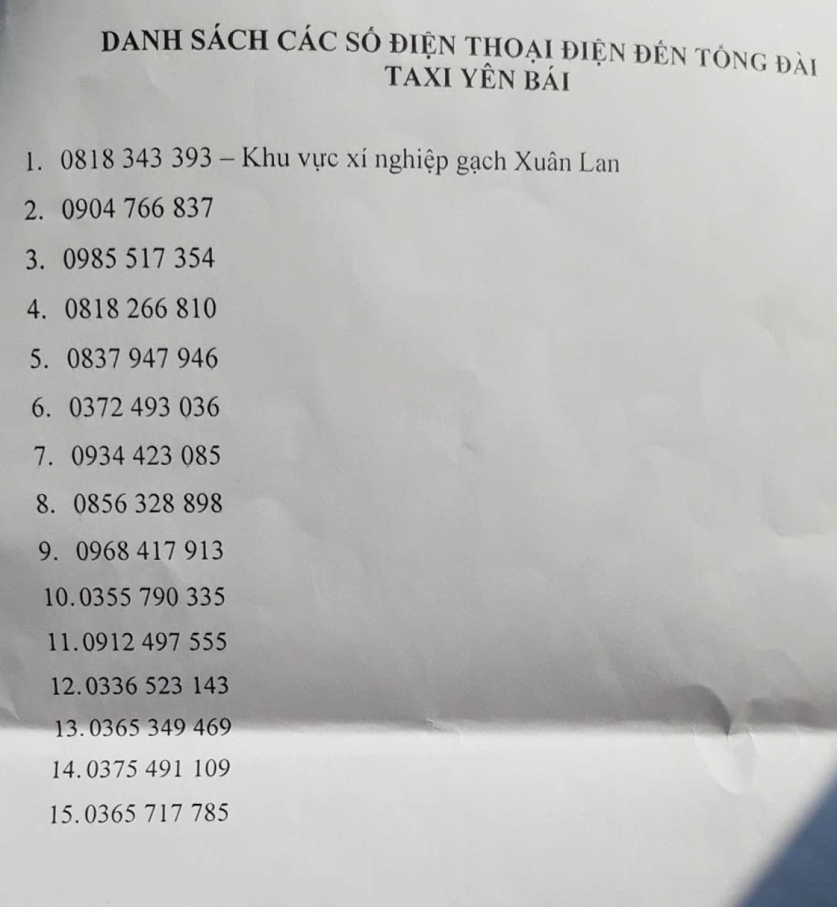 Các số điện thoại gọi đến quấy rối công ty (số do Taxi Yên Bái cung cấp)