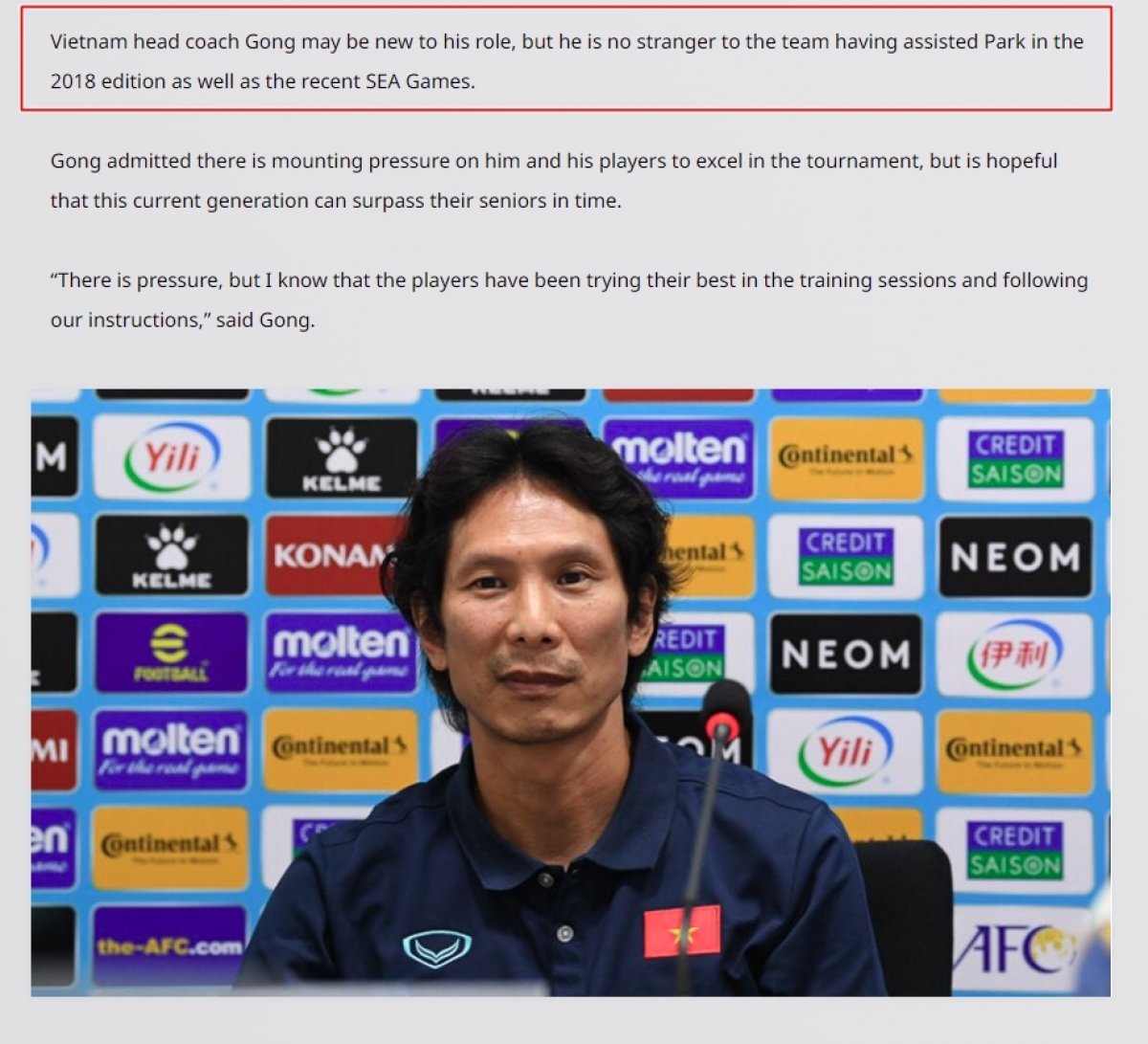 Đoạn nhầm lẫn thông tin về HLV Gong Oh Kyun trên trang chủ AFC. (Ảnh: Chụp màn hình)