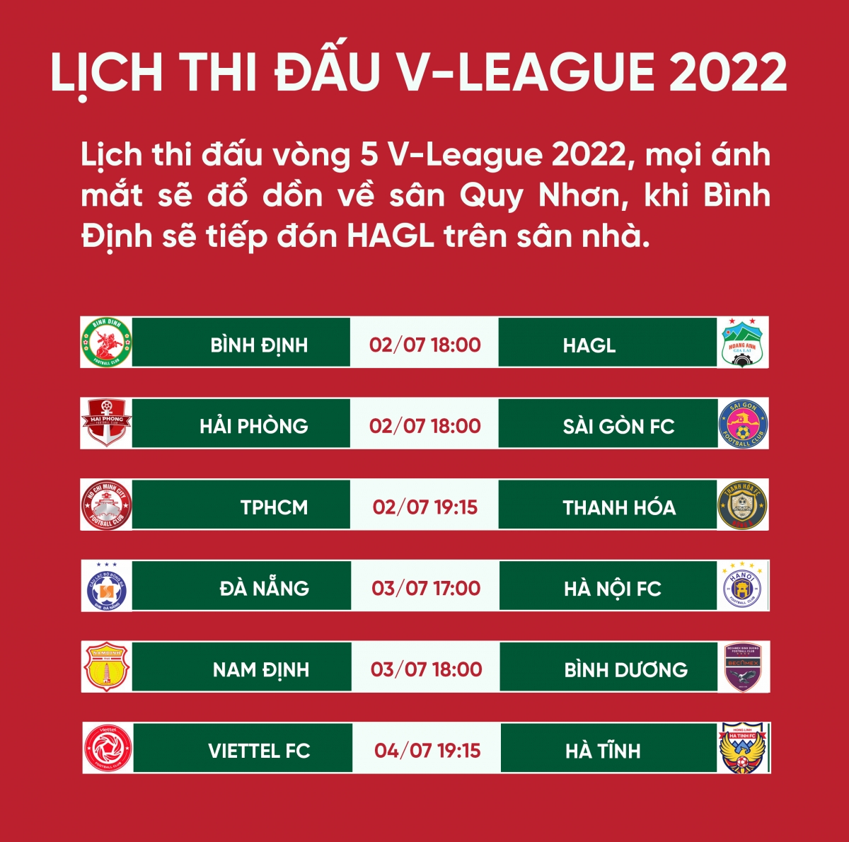 lịch thi đấu vòng 5 v-league 2022 bình Định so tài hagl hình ảnh 1 lich thi dau vong 5 v-league 2022 binh Dinh so tai hagl hinh anh 1
