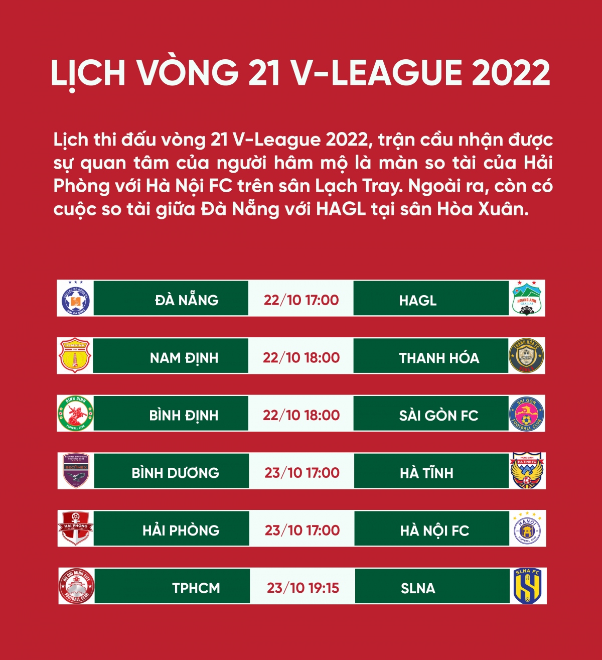 lịch thi đấu vòng 21 v-league 2022 hải phòng đại chiến hà nội fc hình ảnh 1 lich thi dau vong 21 v-league 2022 hai phong dai chien ha noi fc hinh anh 1