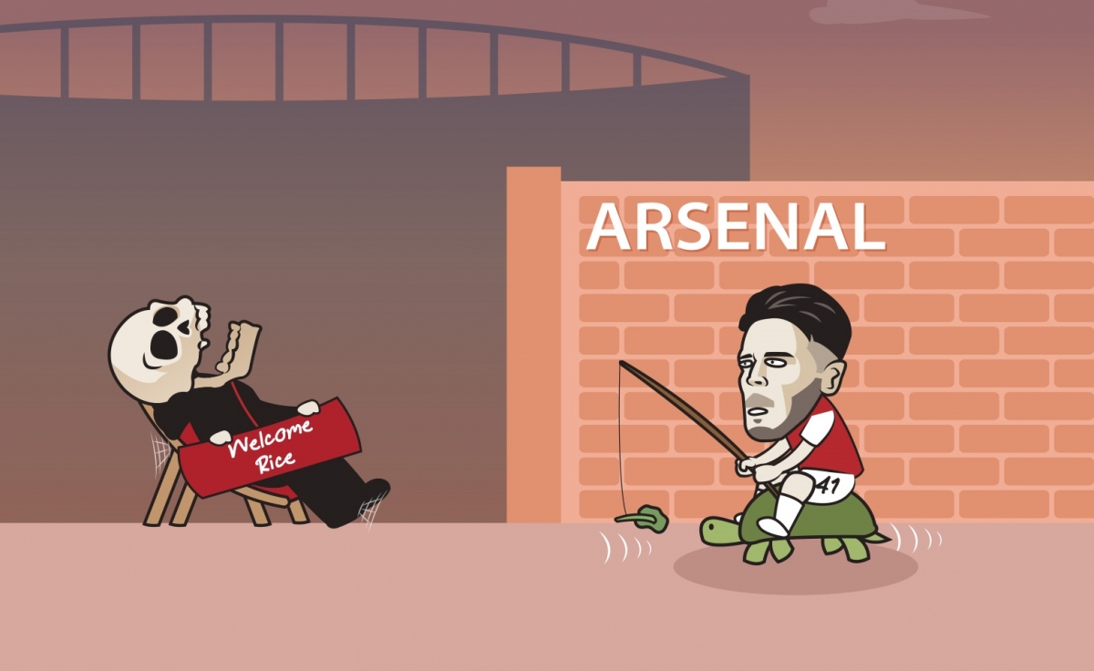 Declan Rice cập bến Arsenal sau thời gian dài chờ đợi. (Ảnh: Just Toon It)