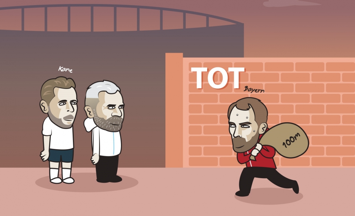 Bayern Munich mang "tiền tấn" tới hỏi mua Harry Kane. (Ảnh: Just Toon It)