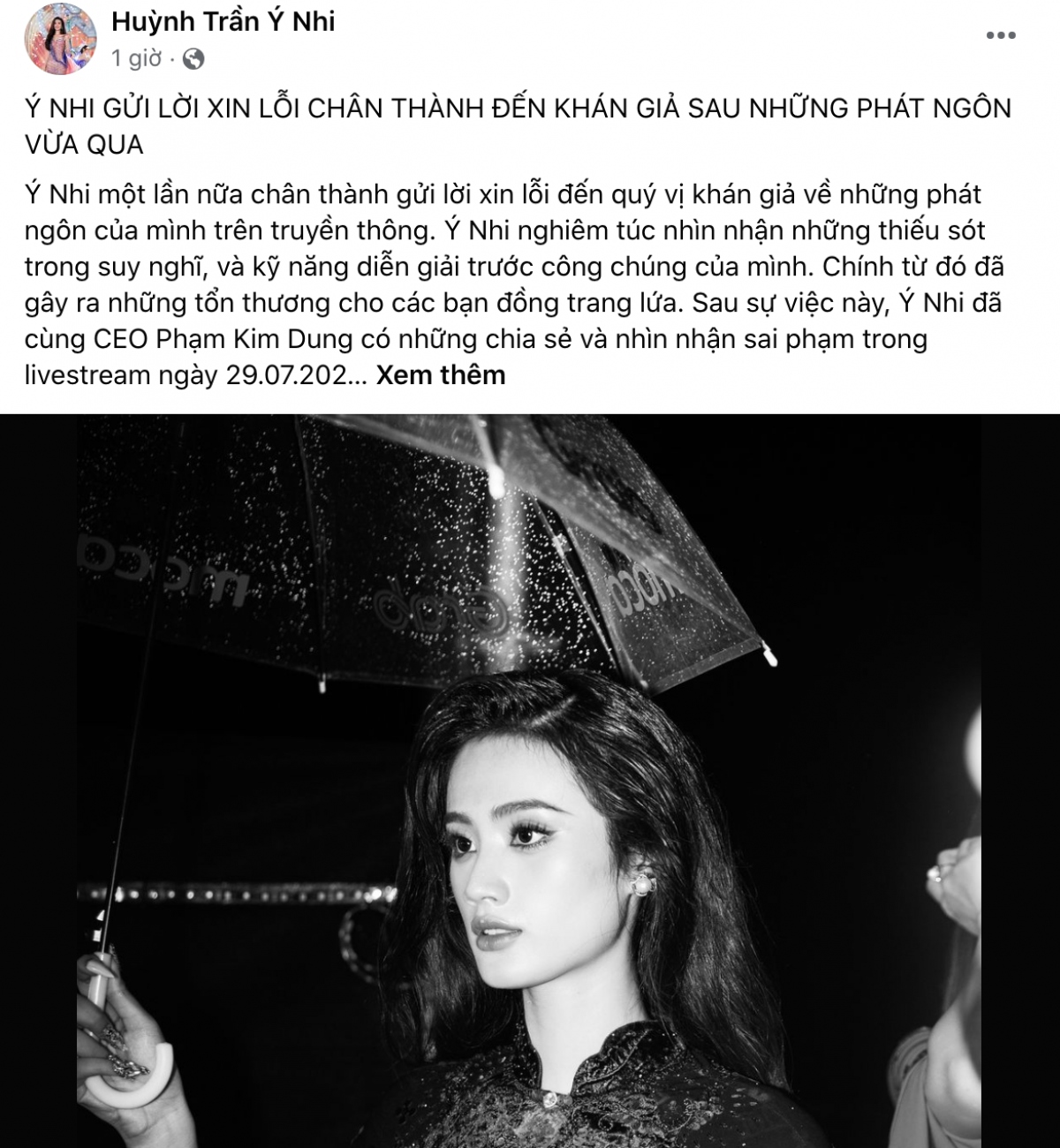 Hoa hậu Ý Nhi gửi xin lỗi khán giả trên trang cá nhân sau những phát ngôn gây tranh cãi.