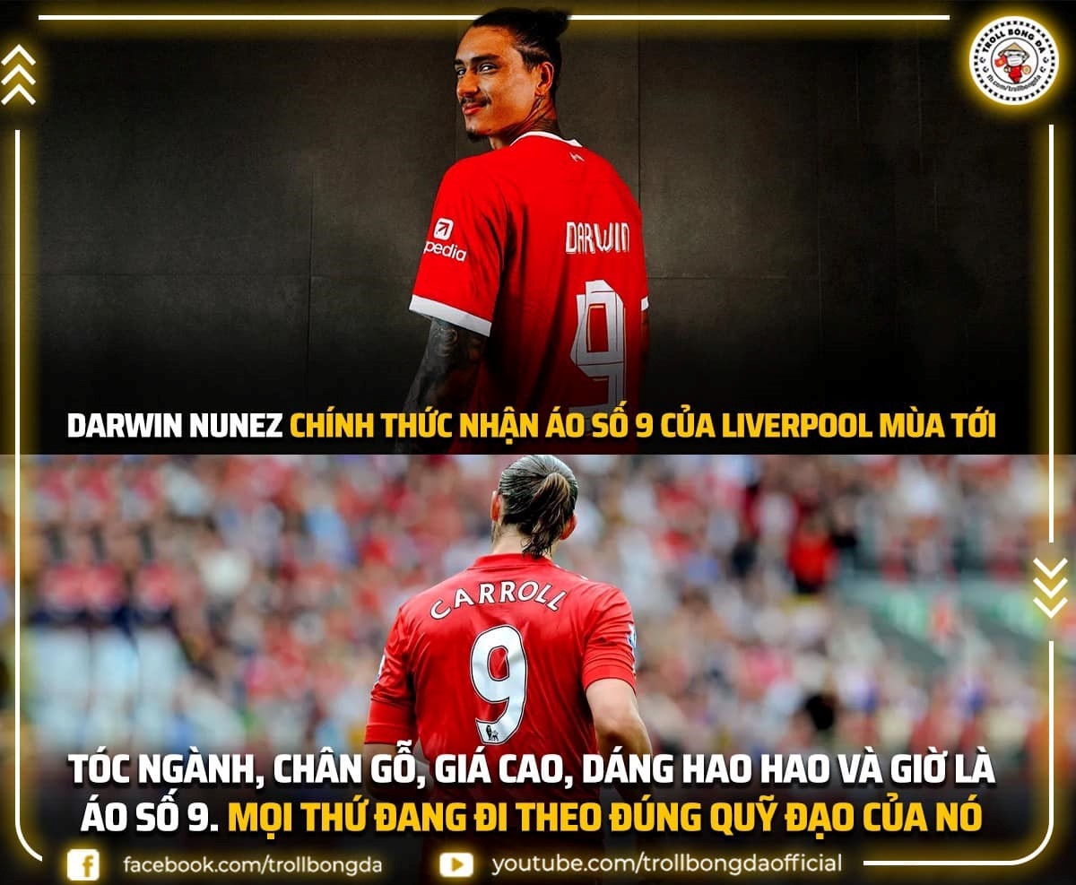 Darwin Nunez chuyển sang khoác áo số 9 tại Liverpool, số áo từng gắn bó với Andy Carroll.(Ảnh: Troll Bóng Đá)