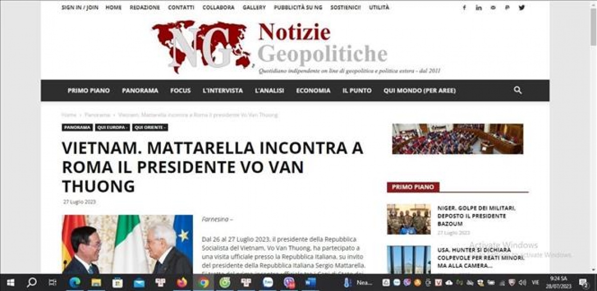 Báo La voce d’italia đăng bài viết. (Ảnh: TTXVN)