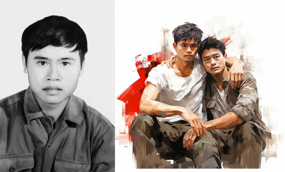 Anh Nguyễn Công Cường, thành viên nhóm AI Comic vẽ một bức tranh mới bằng AI về bác mình (bên trái, một liệt sĩ) khoác vai bố anh. Đây là tâm nguyện của bố anh muốn lưu giữ kỷ niệm đẹp với người anh