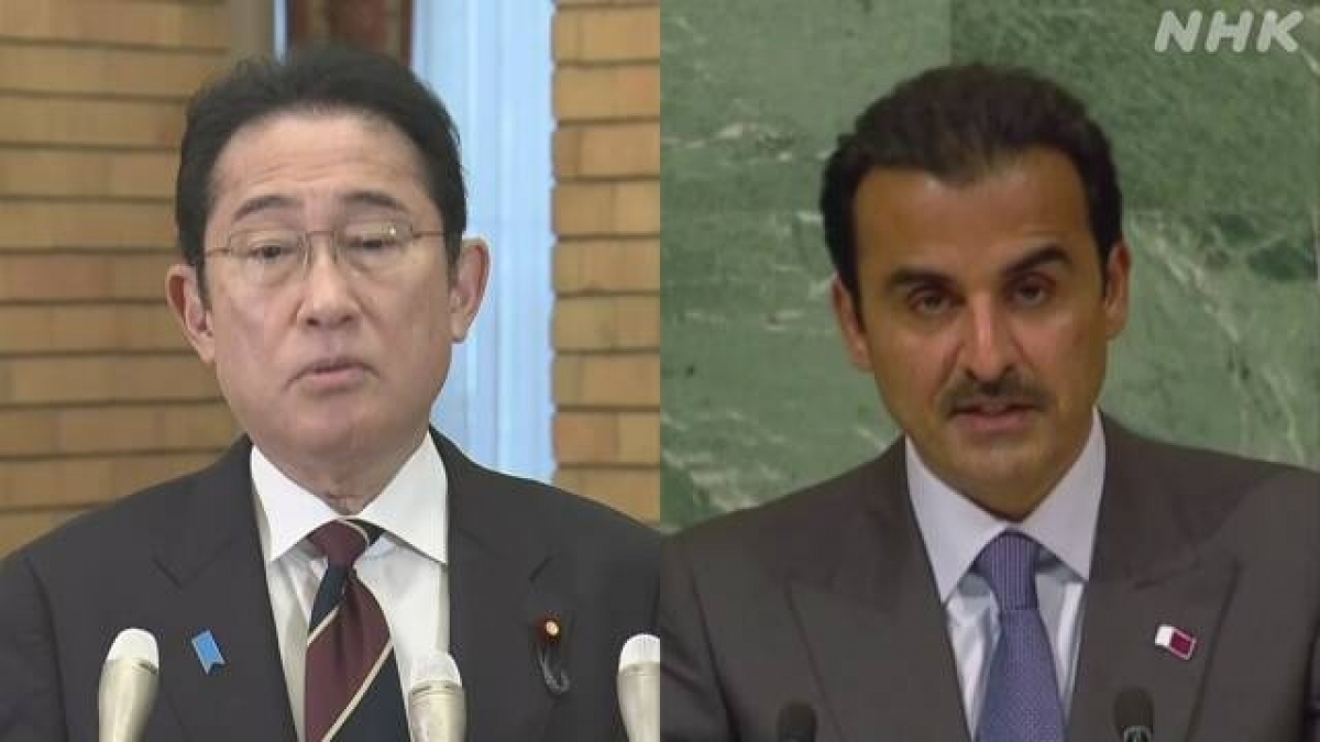Thủ tướng Fumio Kishida hội đàm với Quốc Vương Qatar Sheikh Tamim bin Hamad Al Thani. (Ảnh: NHK)