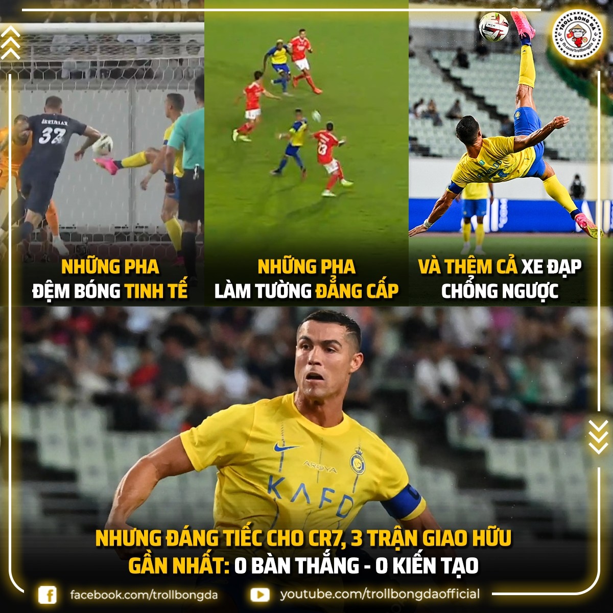 Ronaldo "tịt ngòi" sau 3 trận giao hữu của Al Nassr. (Ảnh: Troll Bóng đá)