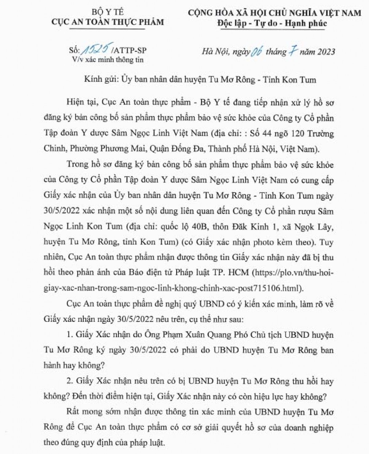 Công văn của Cục An toàn thực phẩm - Bộ Y tế gửi UBND huyện Tu Mơ Rông