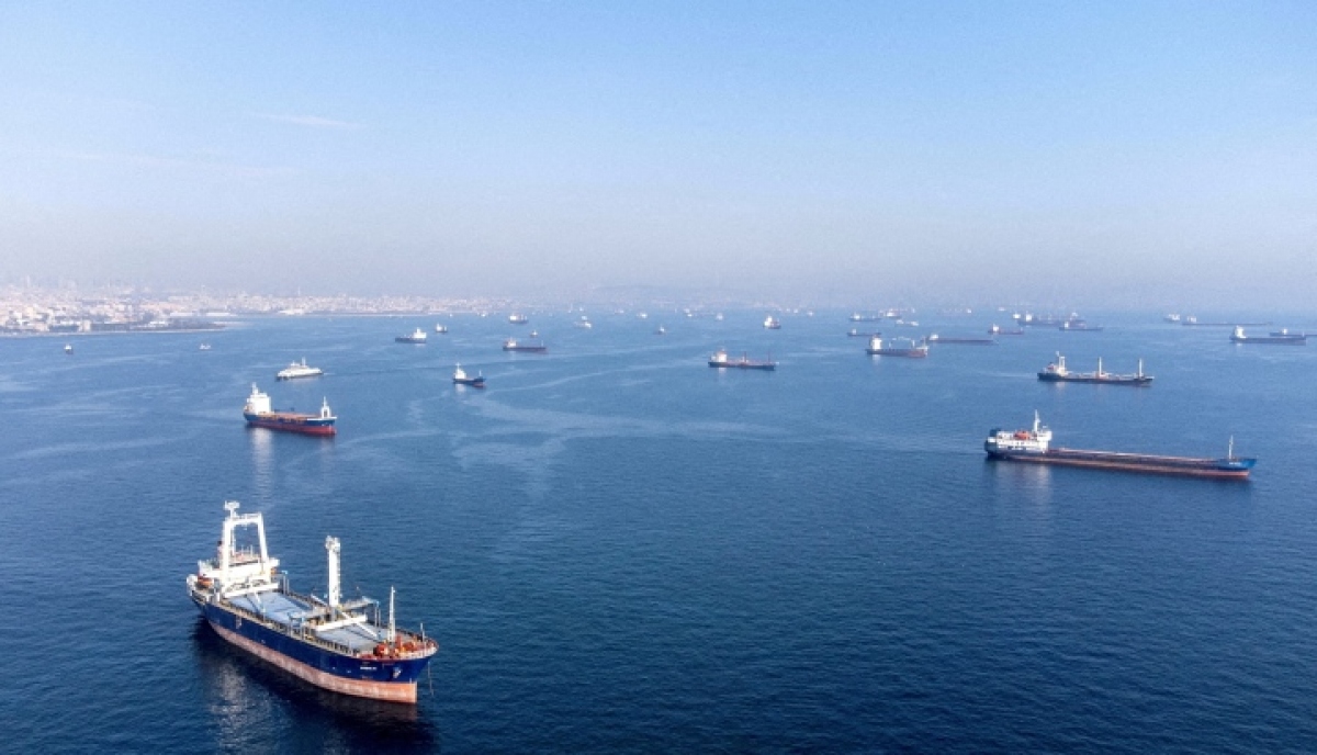 Đội tàu chở hàng tham gia thỏa thuận ngũ cốc biển Đen chờ đi qua eo biển Bosphorus ngoài khơi bờ biển Yenikapi, Istanbul, Thổ Nhĩ Kỳ. (Ảnh: Reuters)