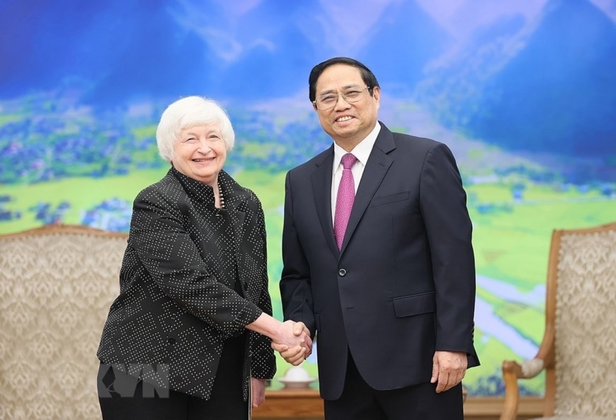 Thủ tướng Phạm Minh Chính tiếp Bộ trưởng Tài chính Hoa Kỳ Janet Yellen. Ảnh: TTXVN