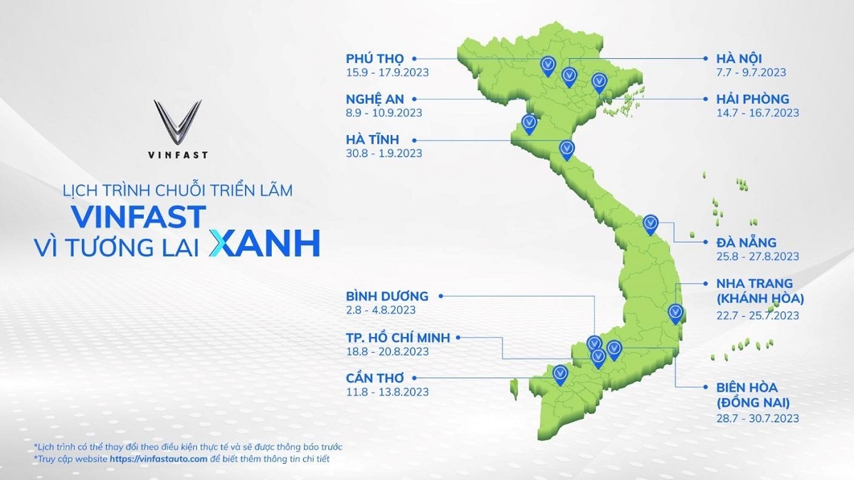 Lịch trình dự kiến của triển lãm VinFast – Vì tương lai xanh (có thể thay đổi theo điều kiện thực tế và sẽ được VinFast thông báo trước). Khách hàng có thể truy cập website chính thức của VinFast tại: <a href="https://vinfastauto.com" target="_blank">https://vinfastauto.com</a> để biết thêm chi tiết.