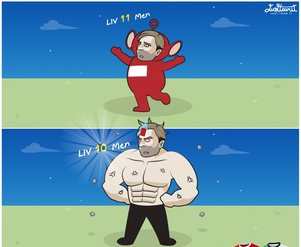 Sự khác biệt của Liverpool khi có 11 và 10 cầu thủ trên sân. (Ảnh: Just Toonit). 