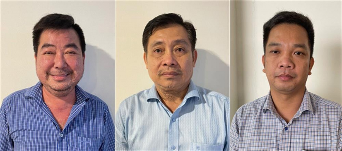 Các bị can (từ trái sang phải) Lê Quang Bình, Võ Truyền Thống và Nguyễn Tấn Lịnh