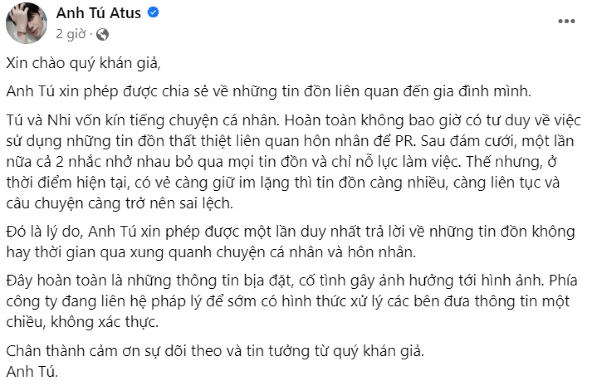 Anh Tú lên tiếng trước thông tin ngoại tình, rạn nứt hôn nhân với Diệu Nhi.