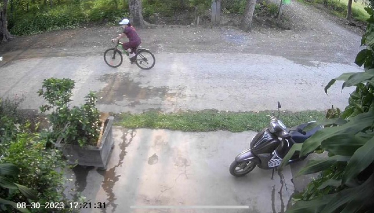 Hình ảnh trích xuất từ camera cho thấy bà L. đạp xe đi thể dục một mình trên đường làng