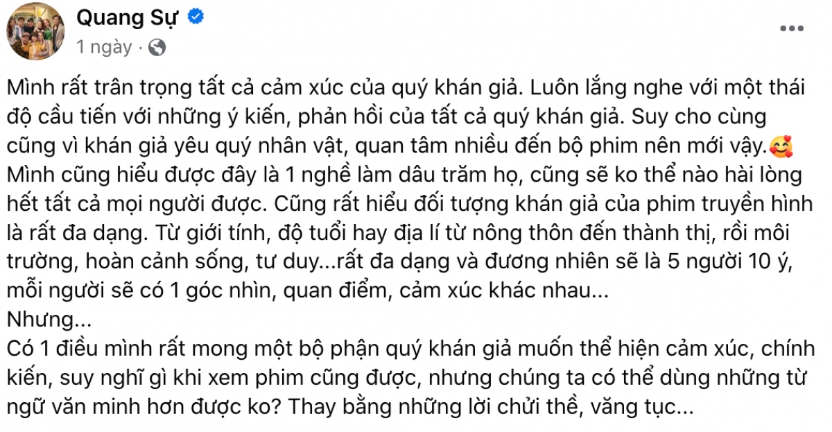 Diễn viên Quang Sự mong khán giả văn minh khi bàn luận liên quan đến nhân vật Công và tình tiết phim "Gia đình mình vui bất thình lình".