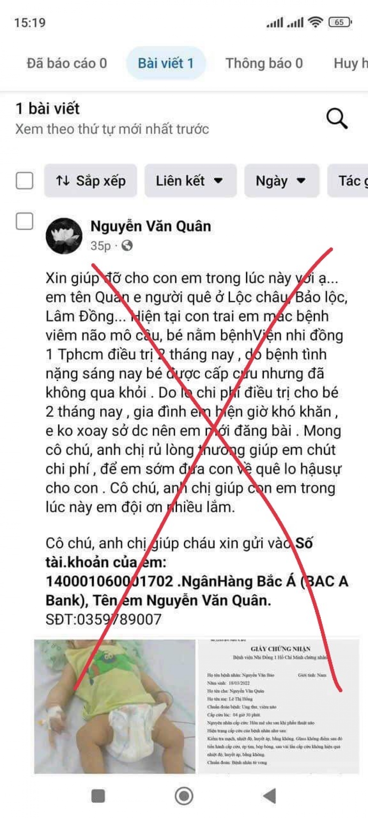 Bài đăng kêu gọi từ thiện trên mạng facebook (Ảnh BS cung cấp)