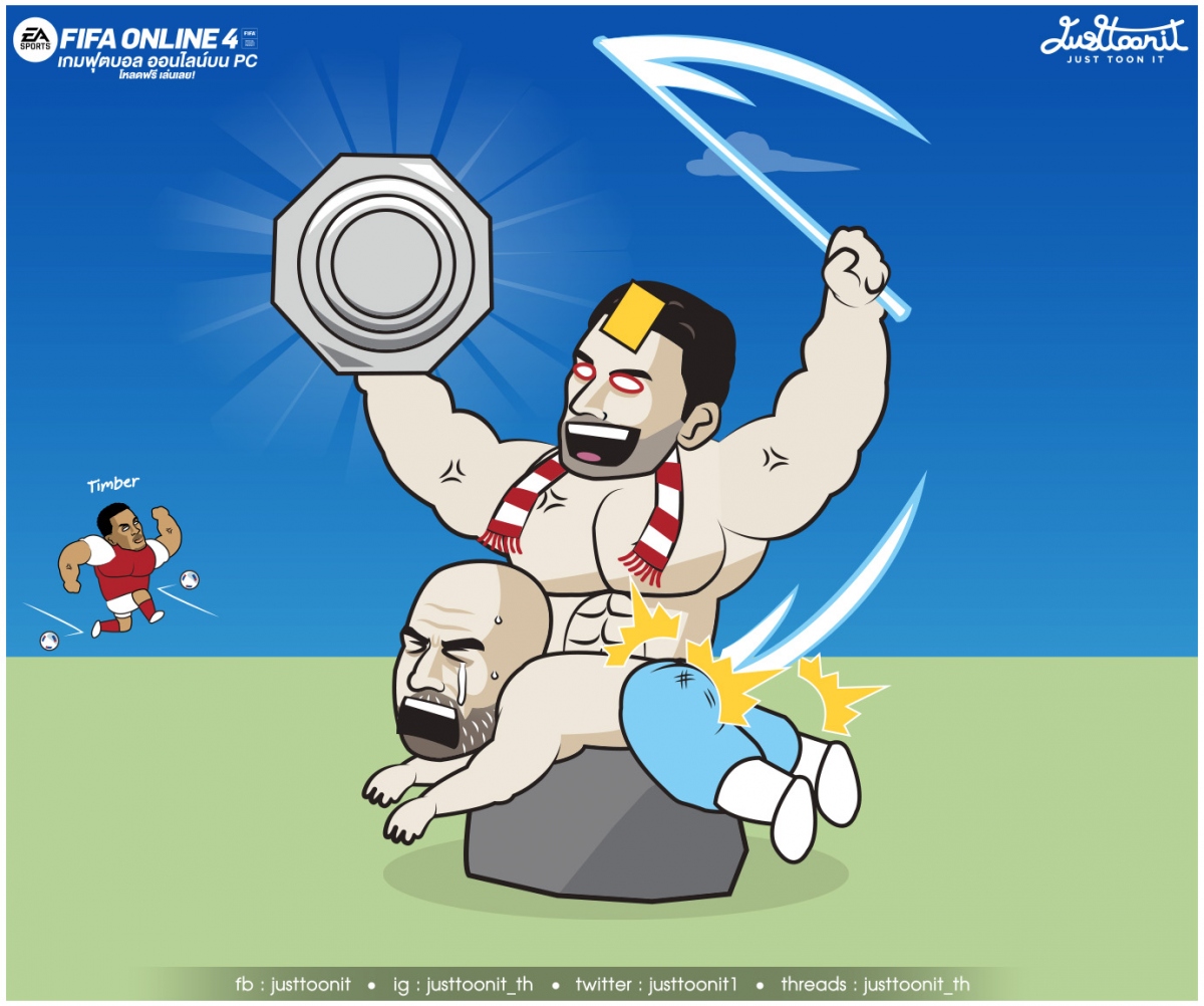HLV Arteta cùng Arsenal khiến Man City của Pep Guardiola ôm hận tại Siêu cúp Anh 2023. (Ảnh: Just Toon It)