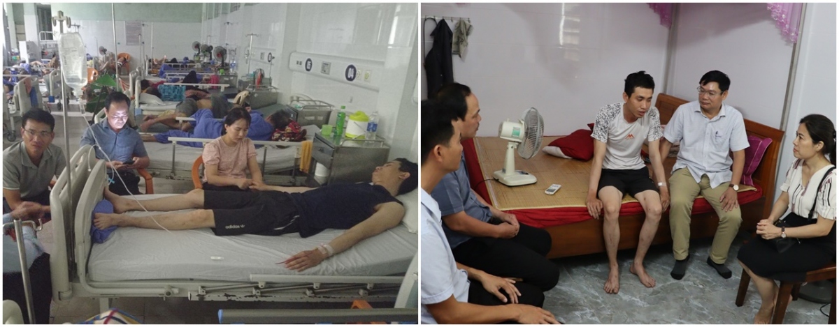 Sau khi cứu người đuối nước, anh Nguyễn Tuấn Vũ bị kiệt sức
và đưa đi cấp cứu (ảnh trái). Đại diện Tổng Công ty Điện lực Miền Trung thăm hỏi, động viên anh Vũ (ảnh phải)